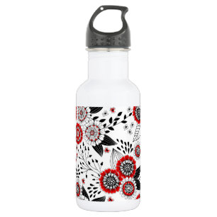 Doodle bloemen en bladeren in rood en zwart waterfles 