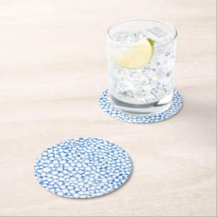 Doodle Blue White Stippen Floral Blossom Waterverf Ronde Kartonnen Onderzetter