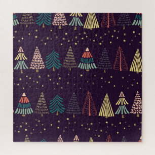 Doodle bomen, sterren, donkerblauw. legpuzzel