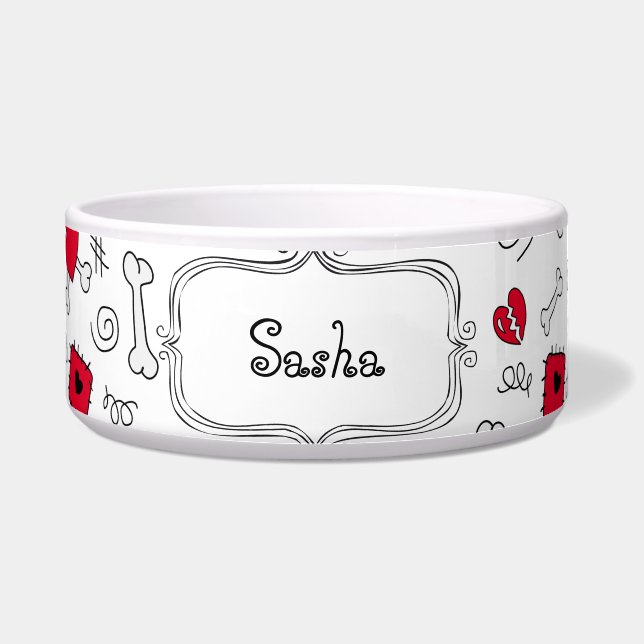Doodle Botten and Hearts personalized pet bowl Voerbakje (Voorkant)