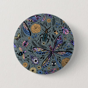 Doodle-bugs op grijs rooster ronde button 5,7 cm