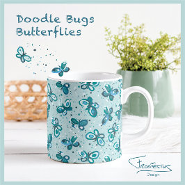 Doodle Bugs Vlinders - turquoise - patroon. Koffiemok