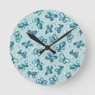 Doodle Bugs Vlinders - turquoise - patroon. Ronde Klok