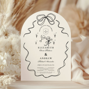 Doodle Champagne Whimsical Bow Wedding Kaart
