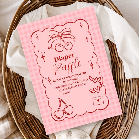 Doodle Cherry Bow Baby shower Diapper Raffle Informatiekaartje