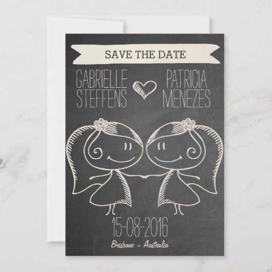 Doodle Couple op Blackboard Lesbian Save the Date (Voorkant)