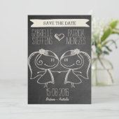 Doodle Couple op Blackboard Lesbian Save the Date (Staand voorkant)