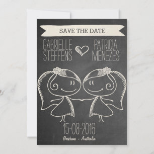 Doodle Couple op Blackboard Lesbian Save the Date