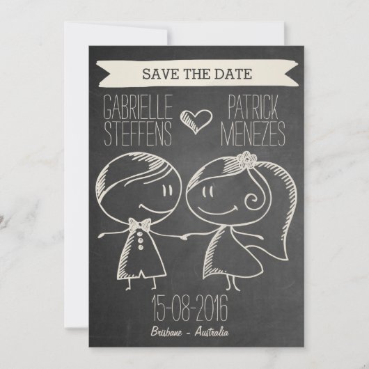 Doodle Couple op Blackboard Save the Date (Voorkant)
