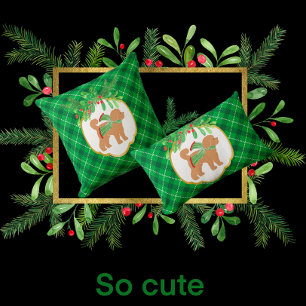 Doodle Dog Green Plaid Vakantie Sierkussen