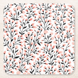 Doodle Flowers: Coral Bloemen Naadloos. Vierkante Kartonnen Onderzetter