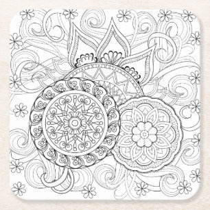Doodle Flowers en Mandalas Vierkante Kartonnen Onderzetter