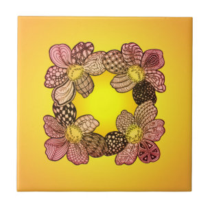 Doodle Flowers in Peach, Oranje, en Goud Tegeltje