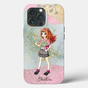 Doodle Girl met Red Hair Gold-naam iPhone 13 Pro Hoesje
