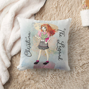 Doodle Girl met Red Hair Gold-naam Kussen