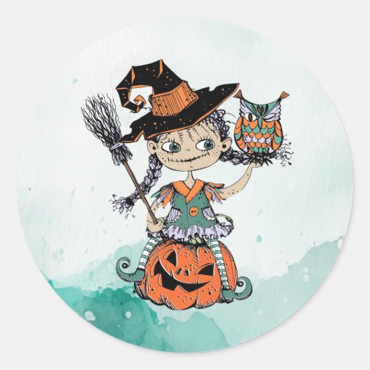 Doodle Halloween Heks & Uil Ronde Sticker (Voorkant)