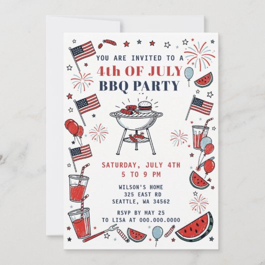Doodle Hand Drawn July 4th BBQ Holiday Party  Kaart (Voorkant)