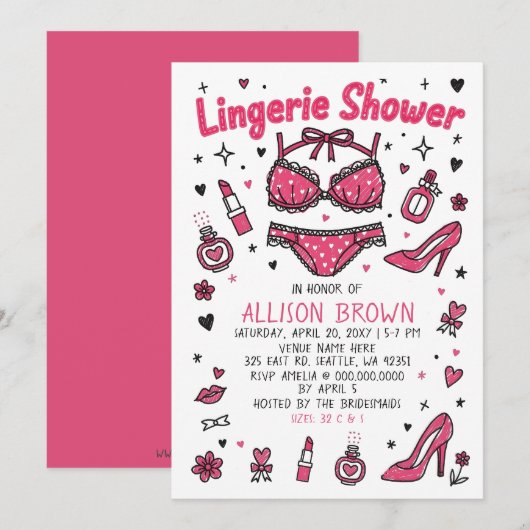 Doodle Hand Drawn Lingerie Shower Bachelorette  Kaart (Voorkant / Achterkant)