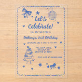 Doodle Hand getekend Blue Bow Disco Ball Verjaarda Acryl Uitnodigingen (Voorkant)