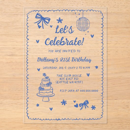 Doodle Hand getekend Blue Bow Disco Ball Verjaarda Acryl Uitnodigingen (Voorkant)