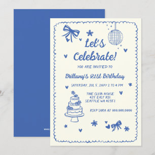 Doodle Hand getekend Blue Bow Disco Ball Verjaarda Kaart