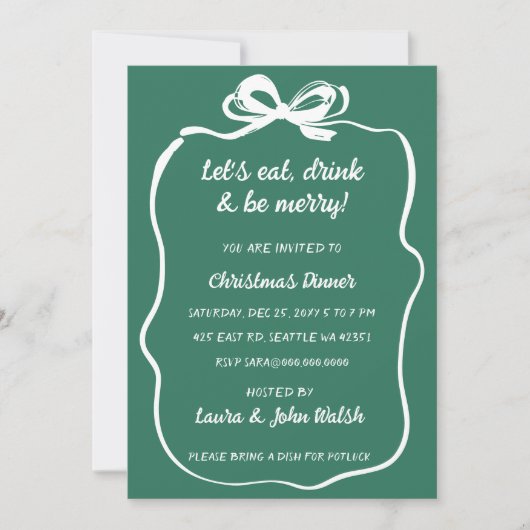 Doodle Hand getekend Green White Bow Christmas Par Kaart (Voorkant)