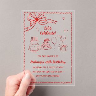 Doodle Hand getekend Roze Rode Coquette Boog Verja Acryl Uitnodigingen