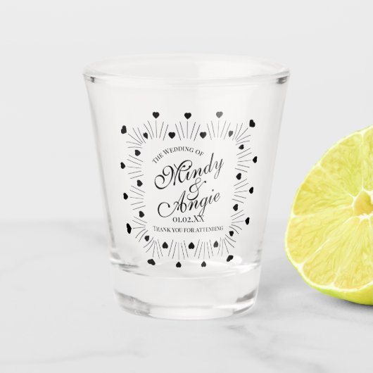 Doodle Harten Frame Script Trouwen Shot Glas (Voorkant)