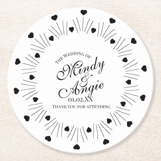 Doodle Hearts Frame Script Wedding Ronde Kartonnen Onderzetter (Voorkant)