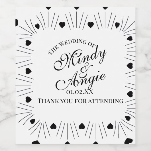 Doodle Hearts Frame Script Wedding Wijn Etiket (Enkel label)