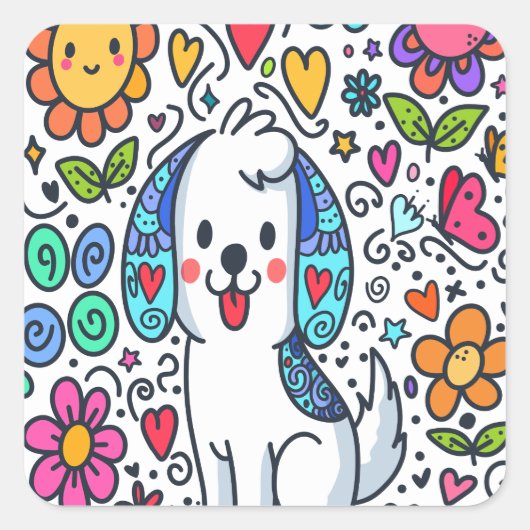 Doodle hond, bloemen, harten en vlinders vierkante sticker (Voorkant)