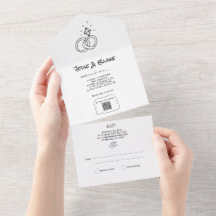 Doodle Illustraties Trouwen in zwart-wit All In One Uitnodiging