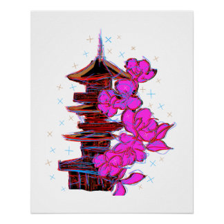 Doodle japonés: La belleza serena de una pagoda Perfect Poster