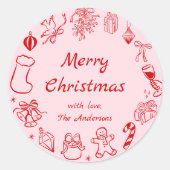 Doodle Kerst sticker Roze Hand getekend Label (Voorkant)
