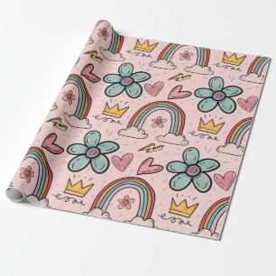 Doodle Kroon, Regenboog, Bloemen, Perzik Waterverf Cadeaupapier
