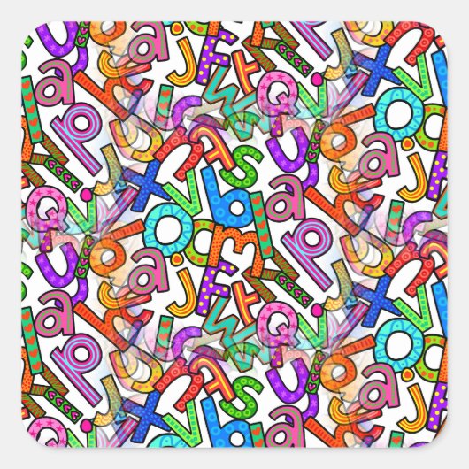 Doodle Lowercase Alphabet Pattern Vierkante Sticker (Voorkant)