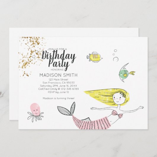 Doodle Mermaid Faux Gold Invitation d'anniversaire (Devant / Derrière)