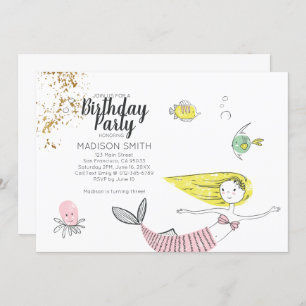 Doodle Mermaid Faux Gold Invitation d'anniversaire