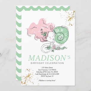 Doodle Mermaid Faux Gold Invitation d'anniversaire