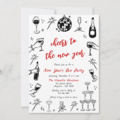 Doodle Nieuwjaarsfeest Uitnodiging Quirky Red (Voorkant)