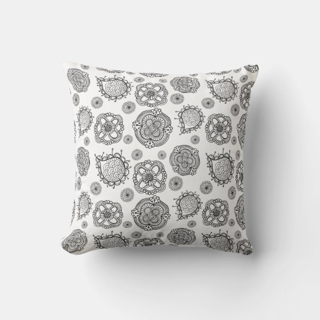 Doodle noir et blanc moderne Motif Floral Coussin (Recto)
