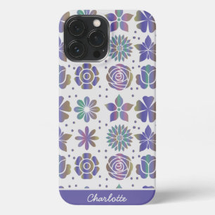 Doodle paars floral Patroon gepersonaliseerde naam iPhone 13 Pro Max Hoesje