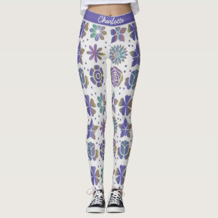Doodle paars floral Patroon gepersonaliseerde naam Leggings