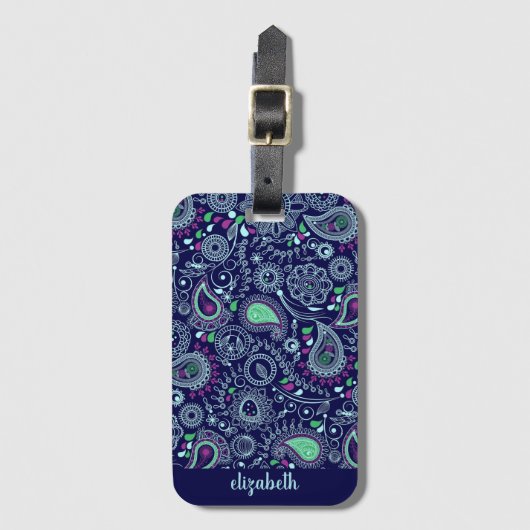 Doodle Paisley Pattern Dark Blue Bagagelabel (Voorkant (verticaal))