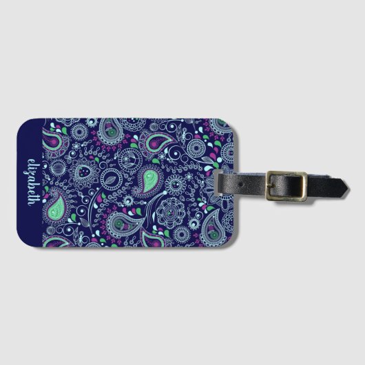 Doodle Paisley Pattern Dark Blue Bagagelabel (Voorkant (horizontaal))