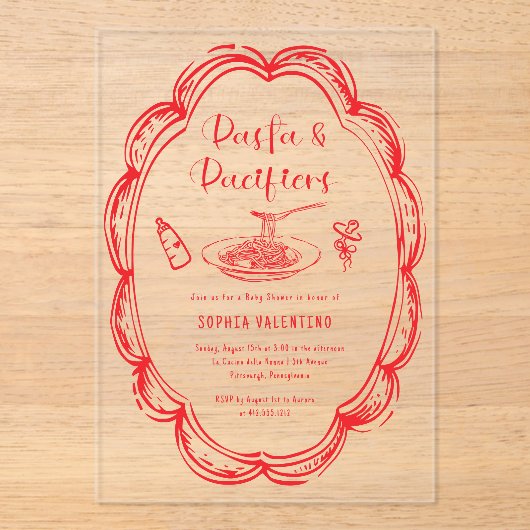Doodle Pasta and Pacifiers Baby Shower  Acryl Uitnodigingen (Voorkant)