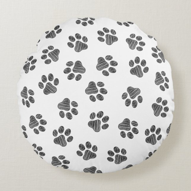 Doodle Paws, Dog Paws, Black Paws Rond Kussen (Voorkant)
