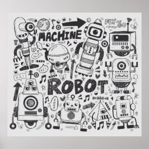 Doodle Robot Illustrator Tekening Poster
