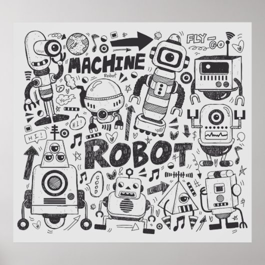 Doodle Robot Illustrator Tekening Poster (Voorkant)