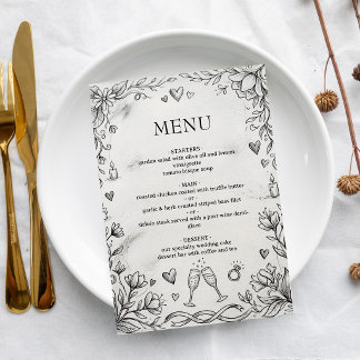 Doodle Romantische Rustieke Handgetekende Trouwkaa Menu